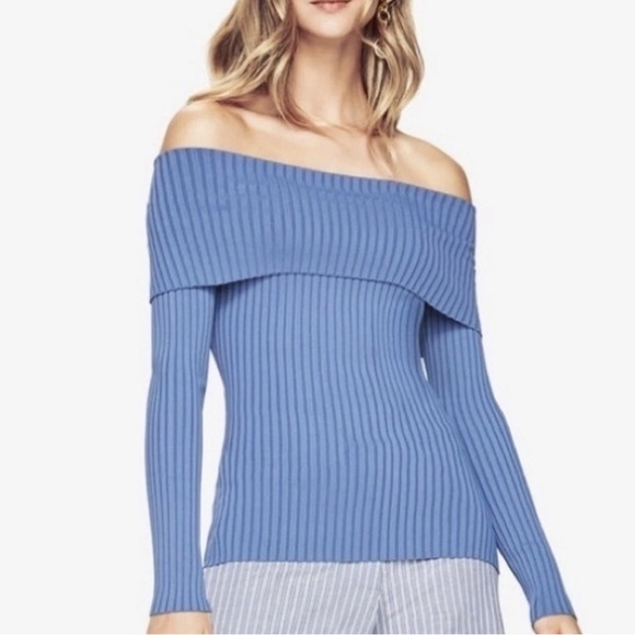 BCBGMaxAzria Blue Off-the-Shoulder Elegant Stretchy Sweater Size XXS - Picture 3 of 17